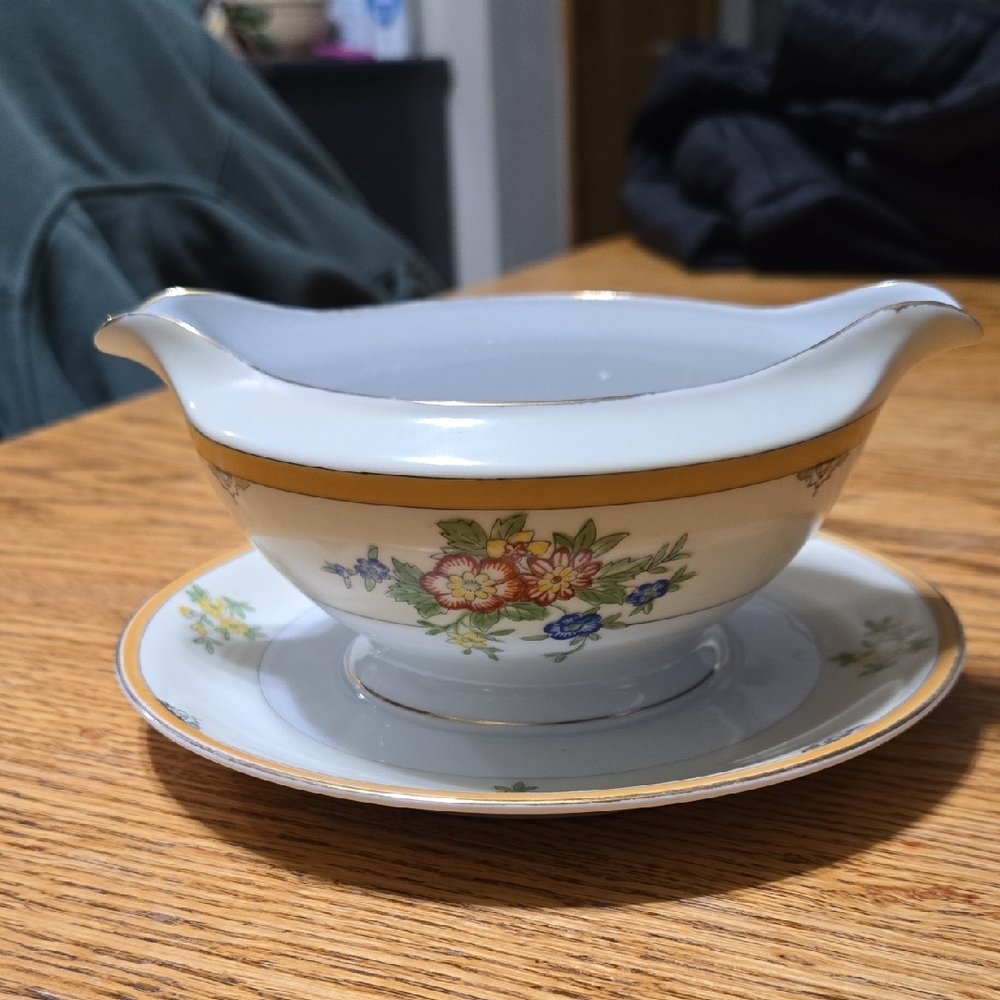Floral Gravy Boat with Attached Saucer